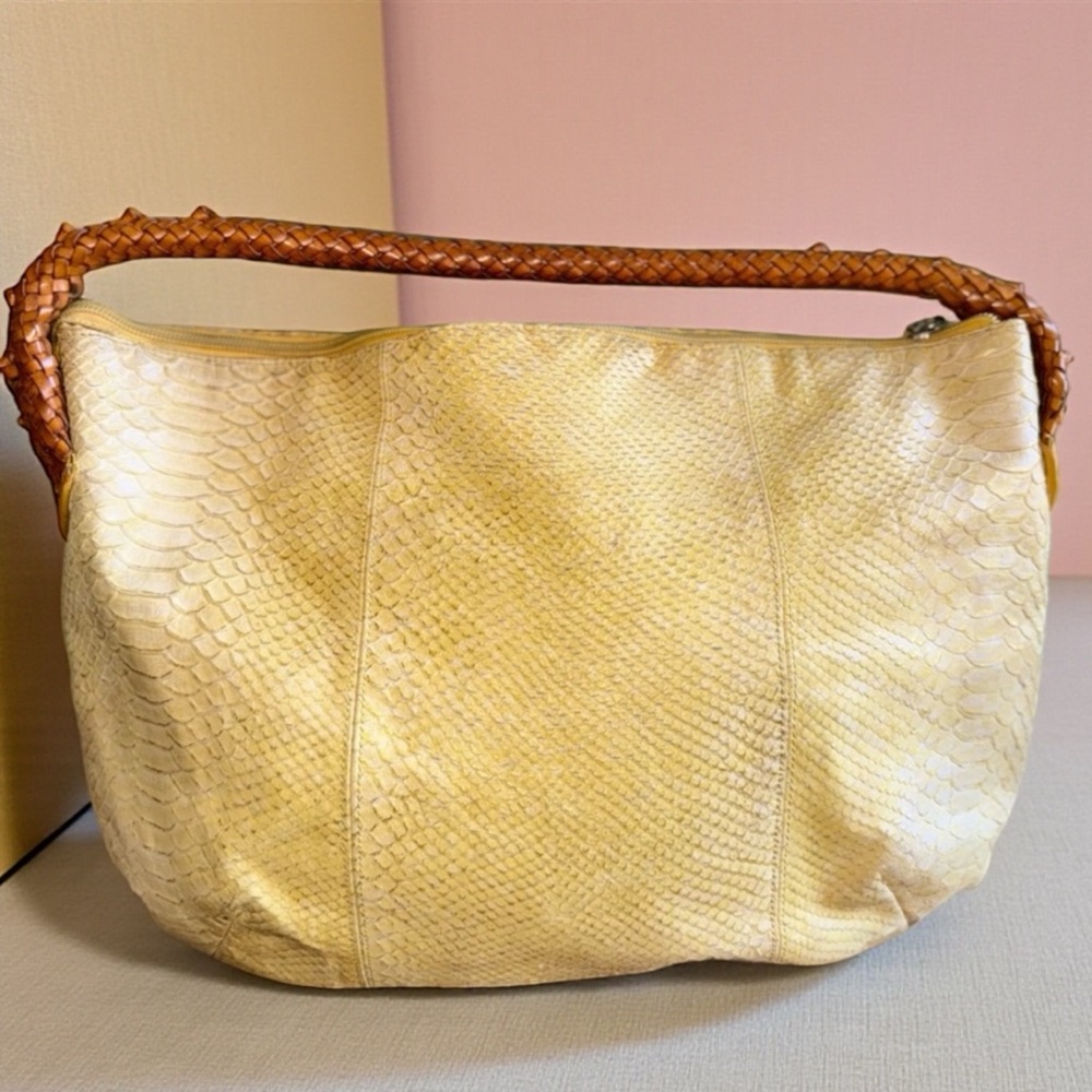 Paolo Masi  Italy Yellow Leather Snakeskin Patterned Bag Tan Handle